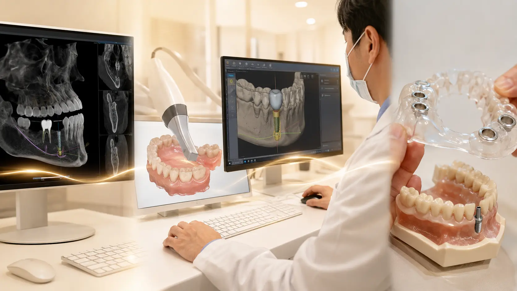 디지털 네비게이션 임플란트의 구성 CBCT 영상과 구강스캔 자료, 컴퓨터 식립 계획, 투명한 맞춤 수술용 가이드가 한 흐름으로 연결되는 모습을 보여주는 실사형 치과 이미지