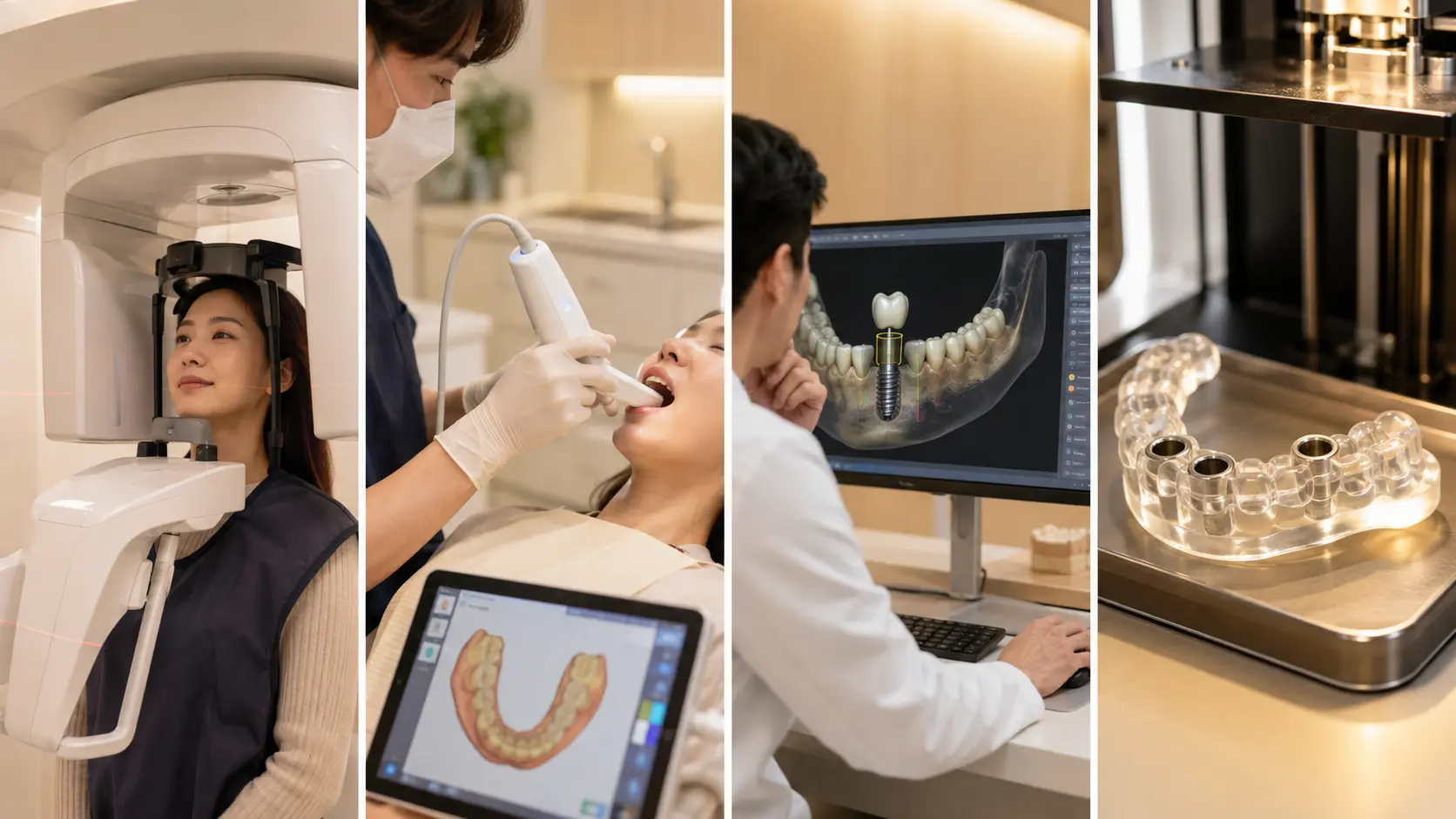 디지털 임플란트 계획과 가이드 제작 과정 CBCT 촬영, TRIOS 5 구강스캔, 컴퓨터 위치 계획, 3D 프린팅 수술용 가이드 제작의 네 단계를 순서대로 보여주는 실사형 치과 이미지