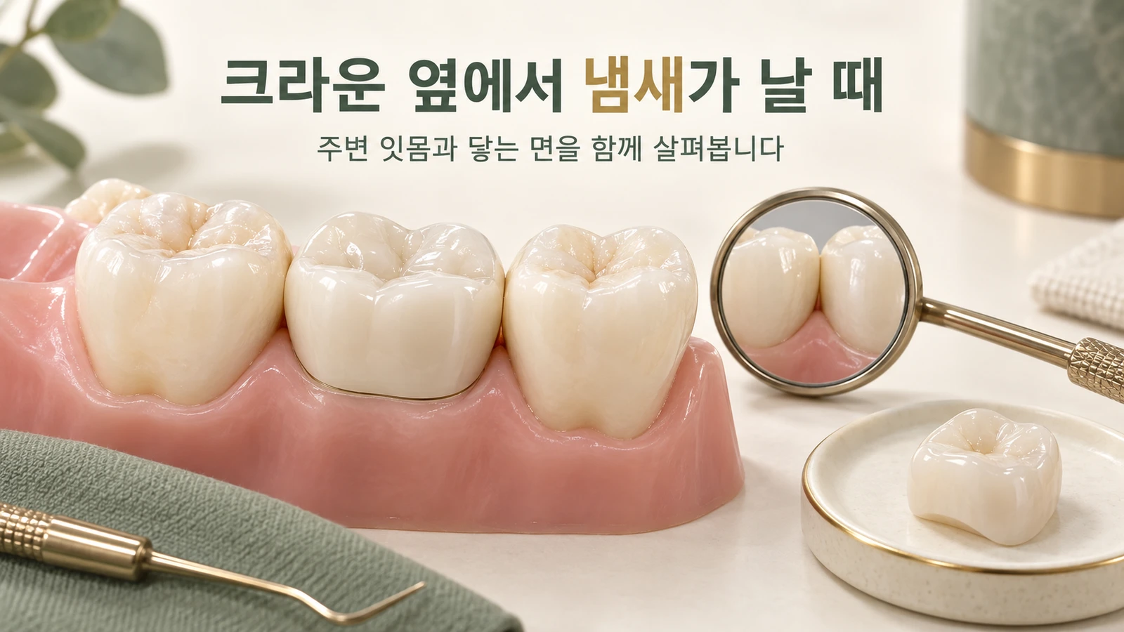 크라운 주변 잇몸과 접촉면 점검 치아색 크라운이 있는 어금니 모형 옆에 별도의 크라운 견본과 치과용 거울을 놓은 이미지