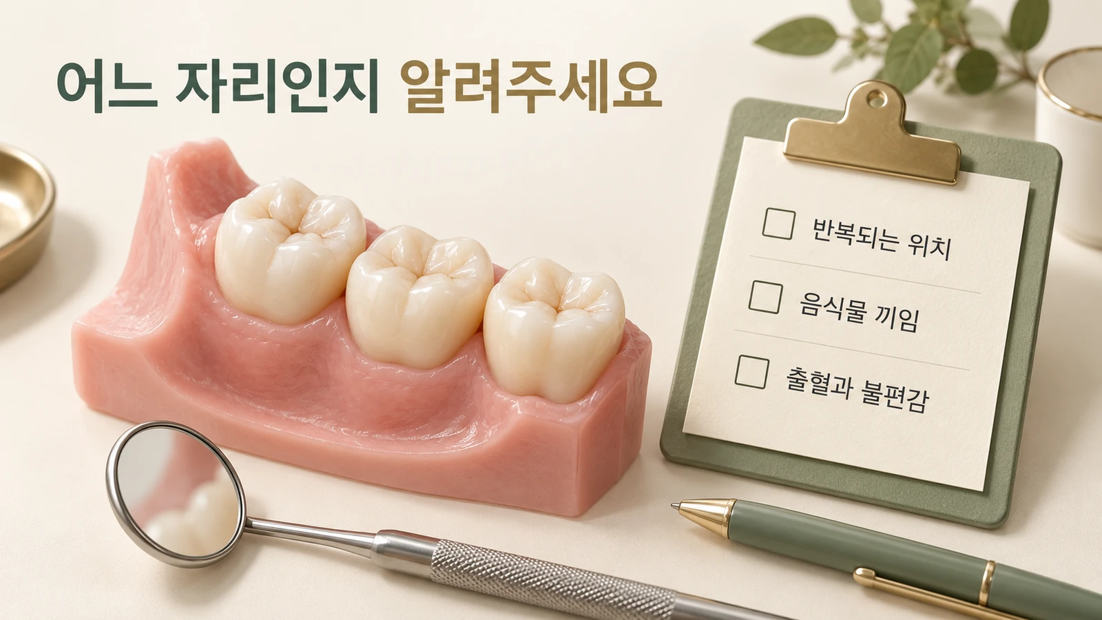 치실 냄새 상담 전에 정리할 내용 반복되는 위치와 음식물 끼임, 출혈과 불편감을 적은 메모지 옆에 어금니 모형과 치과용 거울을 배치한 이미지