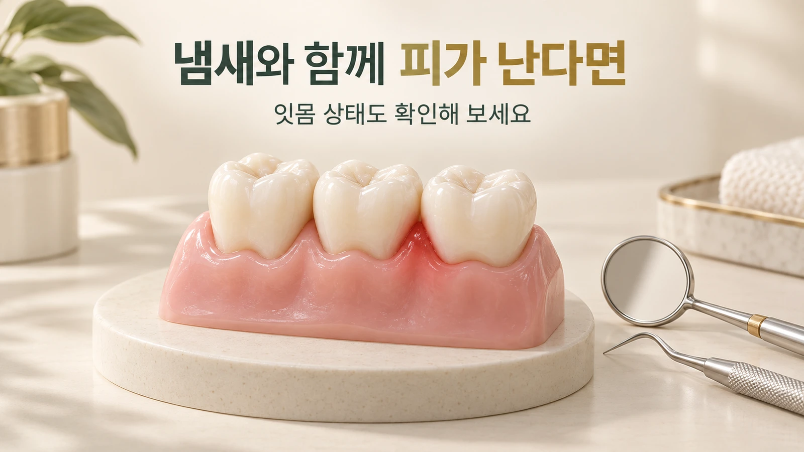 치실 냄새와 함께 살펴볼 잇몸 상태 한 부위의 잇몸이 붉게 표현된 어금니 모형과 치과용 거울, 검사용 기구