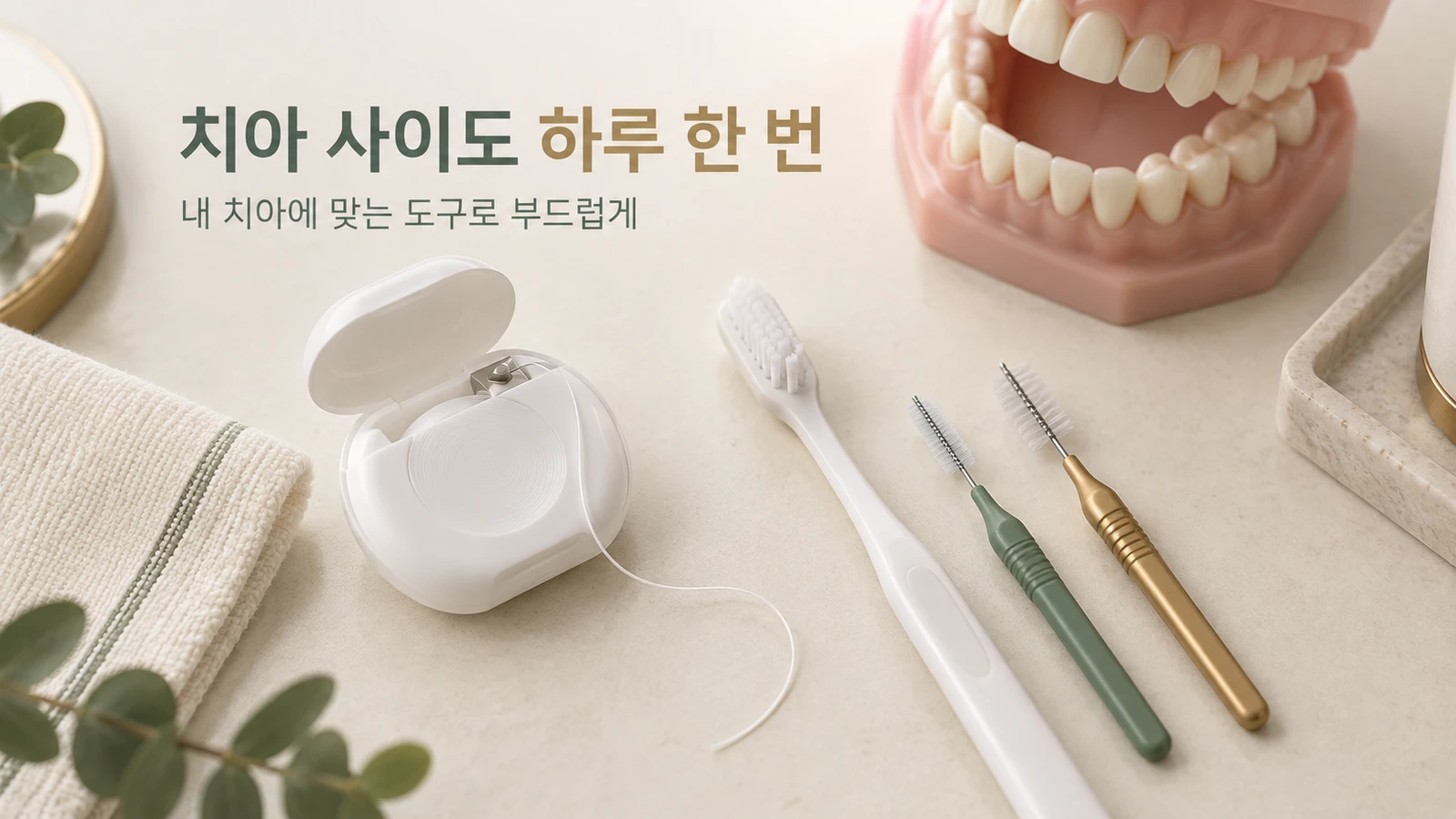 치실과 치간칫솔을 이용한 치아 사이 관리 치실 용기와 칫솔, 서로 다른 크기의 치간칫솔을 밝은 배경에 정리한 이미지
