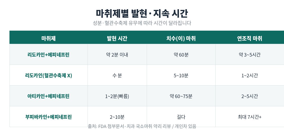 치과 마취제별 발현·지속 시간 비교표