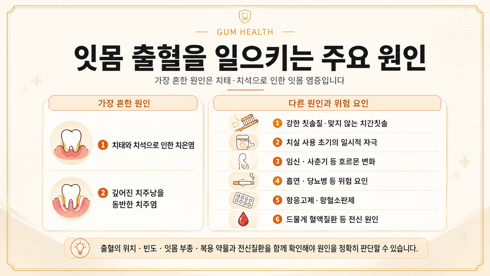 치태와 치석으로 인한 치은염, 깊어진 치주낭, 강한 칫솔질, 호르몬 변화, 흡연·당뇨병, 약물 등 잇몸 출혈 원인을 정리한 인포그래픽