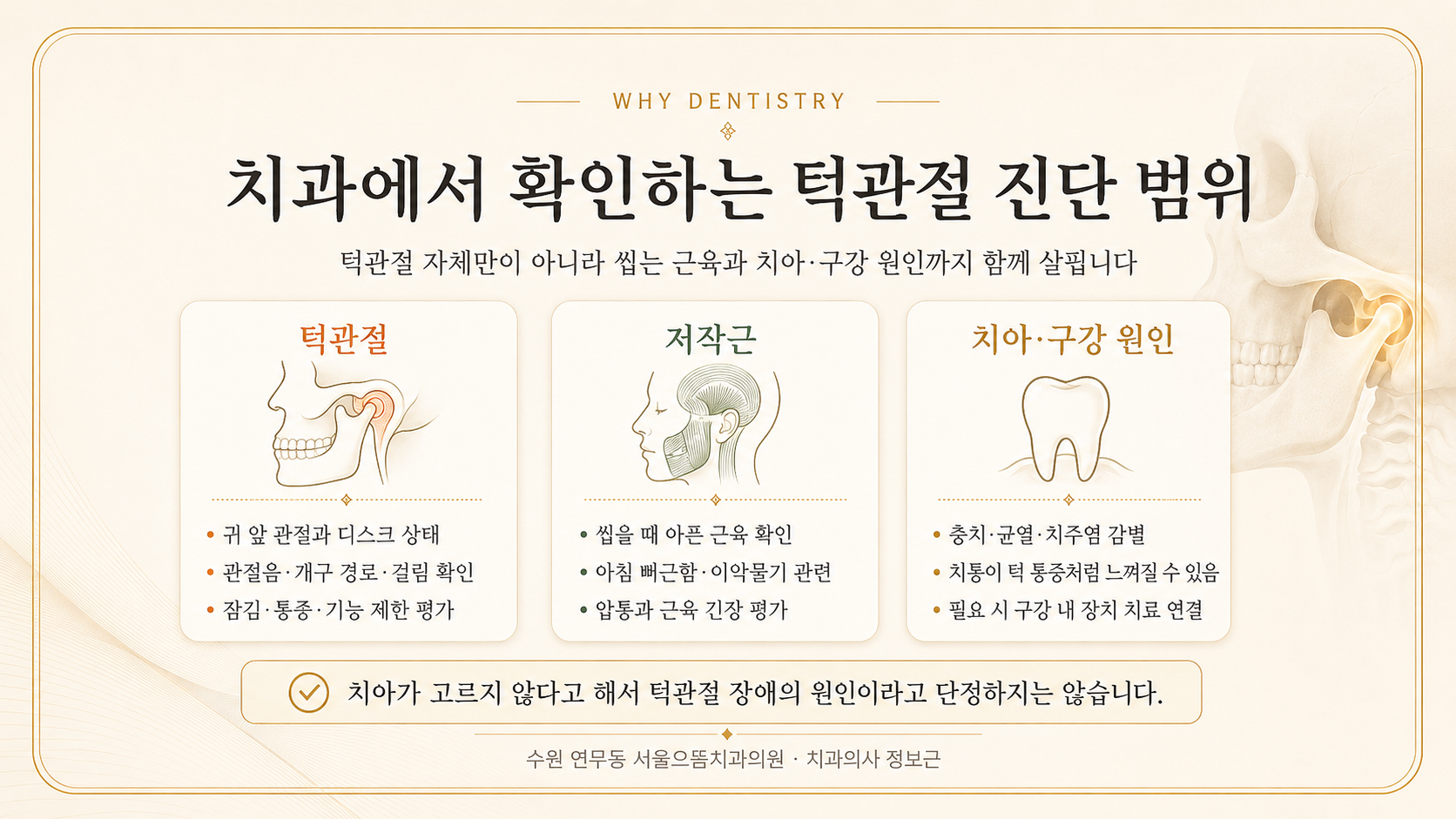 턱관절 자체뿐 아니라 저작근과 치아·구강 원인까지 함께 살피는 치과 턱관절 진단 범위를 설명한 인포그래픽